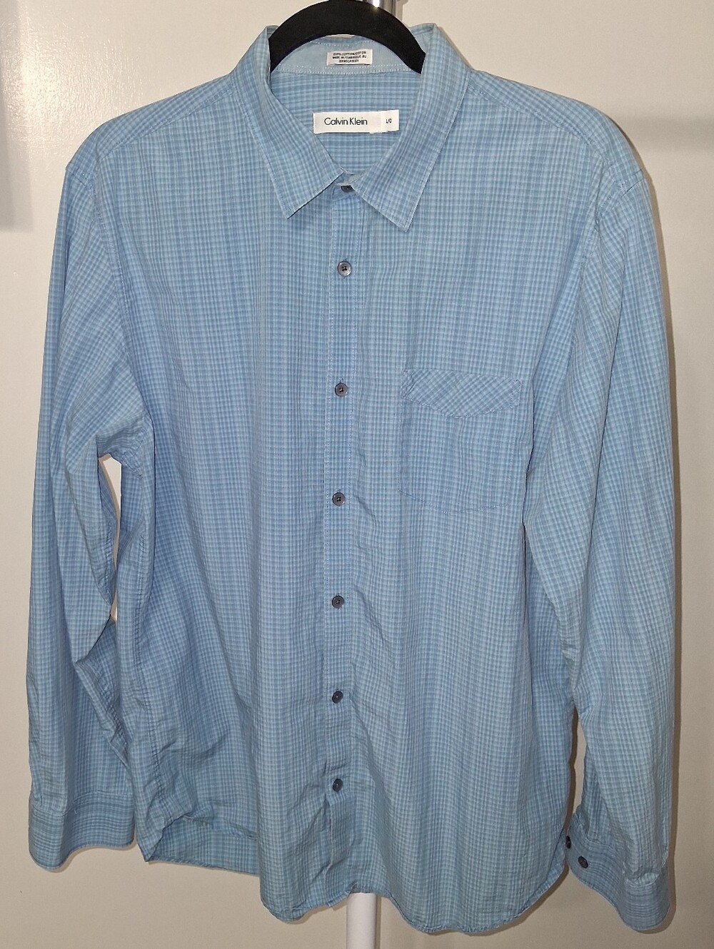 Calvin Klein Men's Light Blue Micro-Check Dress Shirt Lg